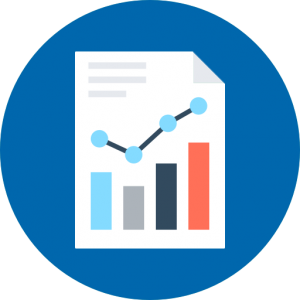 A white piece of paper with multiple graphs, in blue, black, grey and red. The picture is on a circular blue background.