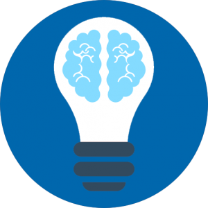 White and black light bulb with a blue brain inside on a blue circular background.