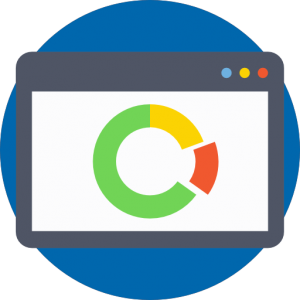 A black computer with blue, yellow and red lights, with a light blue screen with a green, yellow and red donut in the middle. The picture is on a circular blue background.