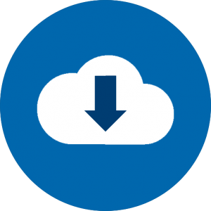 White cloud with a dark blue arrow pointing down. The picture is on a circular blue background.