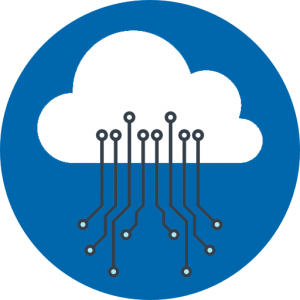 Cloud computing logo. White cloud with black raindrops on a blue circular background.