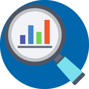 A black, grey and blue magnifying glass, overtop a blue, green and red table. The picture is on a circular blue background.