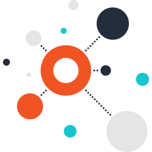 Many colorful dots and donuts, red, blue, black and gray, connected by dotted lines.