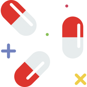 Three white and red pills along with a green and red dot, a blue cross and a yellow x.