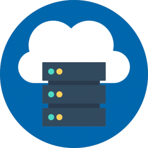 Three, black hard drives stacked on top of each other. Each hard drive has a blue and an orange light on them. Behind the hard drives is a white cloud. The picture is on a circular blue background.