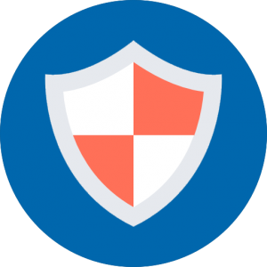 White, grey and red shield logo on a blue circular background.