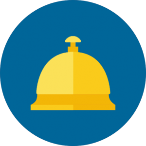 A yellow bell on a circular blue background.