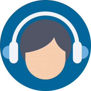 The head of a girl with black hair, wearing white and blue headphones. The picture is on a circular blue background.
