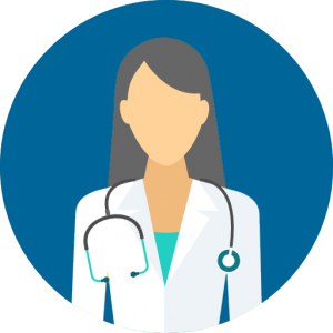 A female doctor with long black hair and a stethoscope around her neck. The stethoscope is black and teal and the doctor has a teal shirt on. The image is on a circular, blue background.