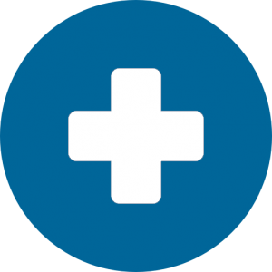 A white, hospital cross on a circular, blue background,