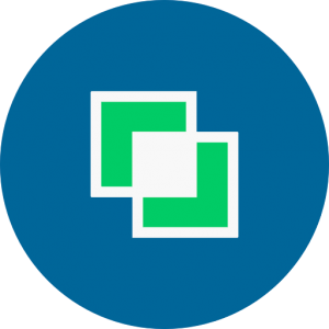 Two, green and grey squares crossing over each other. The image is on a circular, blue background.
