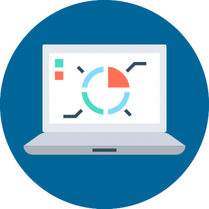 An open laptop with the screen facing you. On the screen is a pie chart in blue, back and red.. The image is on a circular, blue background.