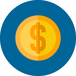 A yellow and orange coin on a circular, blue background.