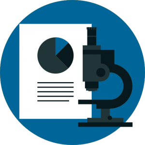 A white piece of paper with black and blue text and data on it, behind a black microscope. The image is on a circular, blue background.